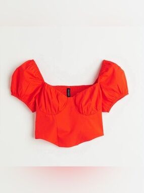 H&M Bold Orange Corset Crop Top with Puff Sleeves 4